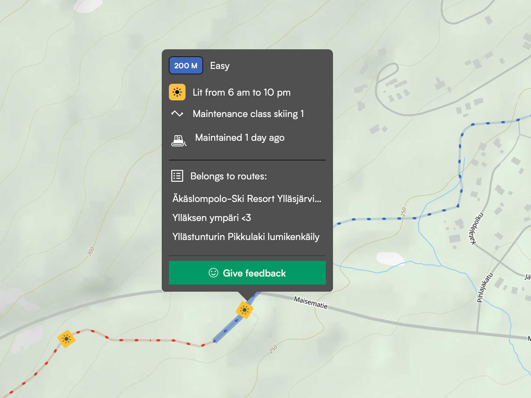 A close-up of a route on a digital map with route's info card opened