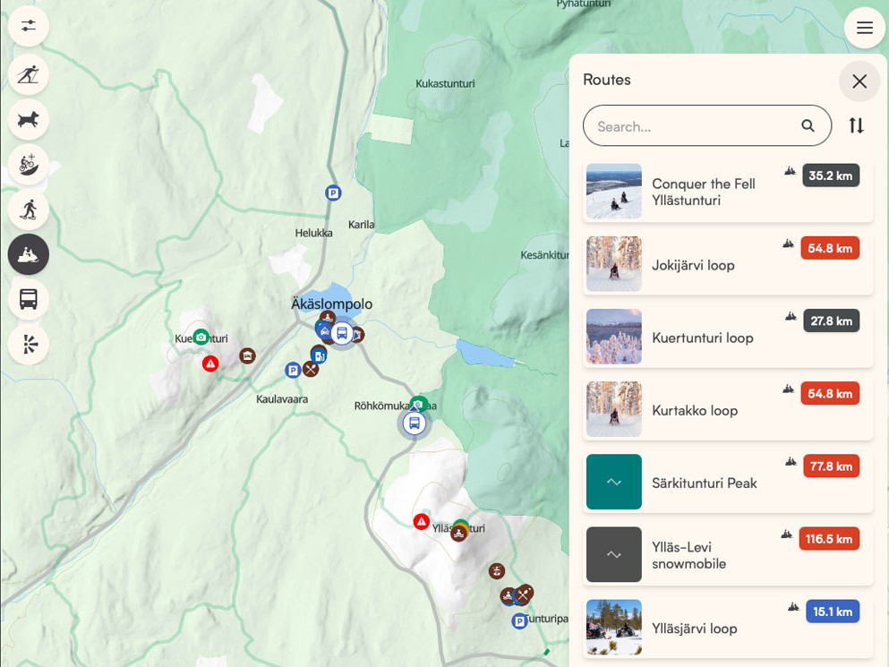 zoneatlas-collections-1 2 A digital map of Ylläs with route list opened