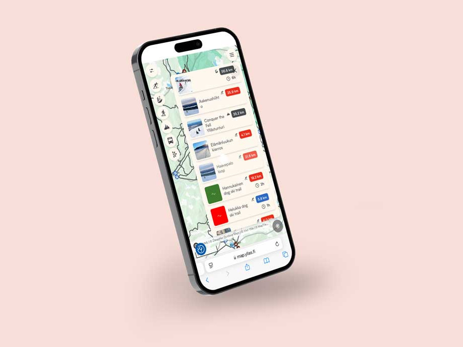 A mobile device displaying digital map of Ylläs, with a list of routes open