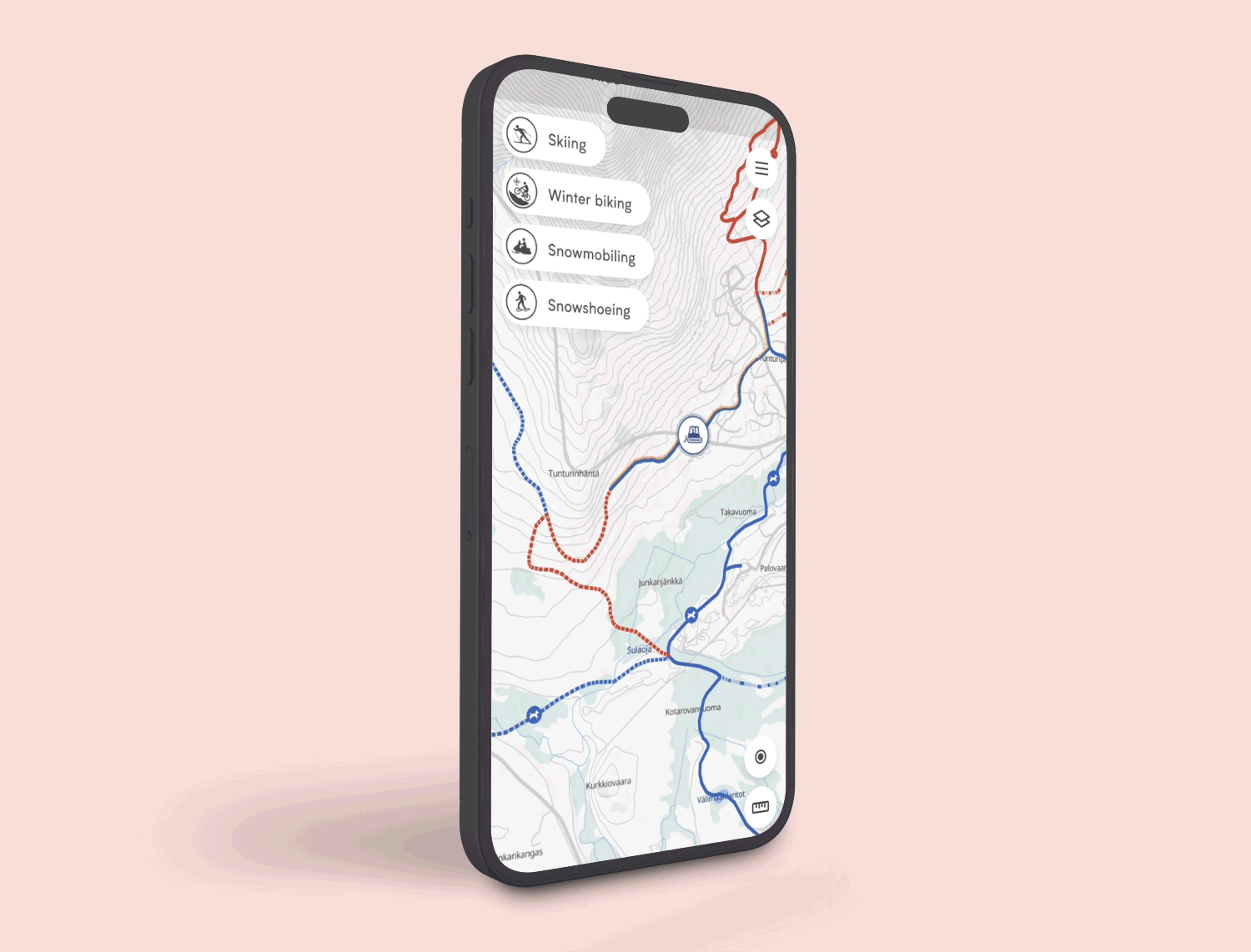 A mobile device displaying digital map of Ylläs