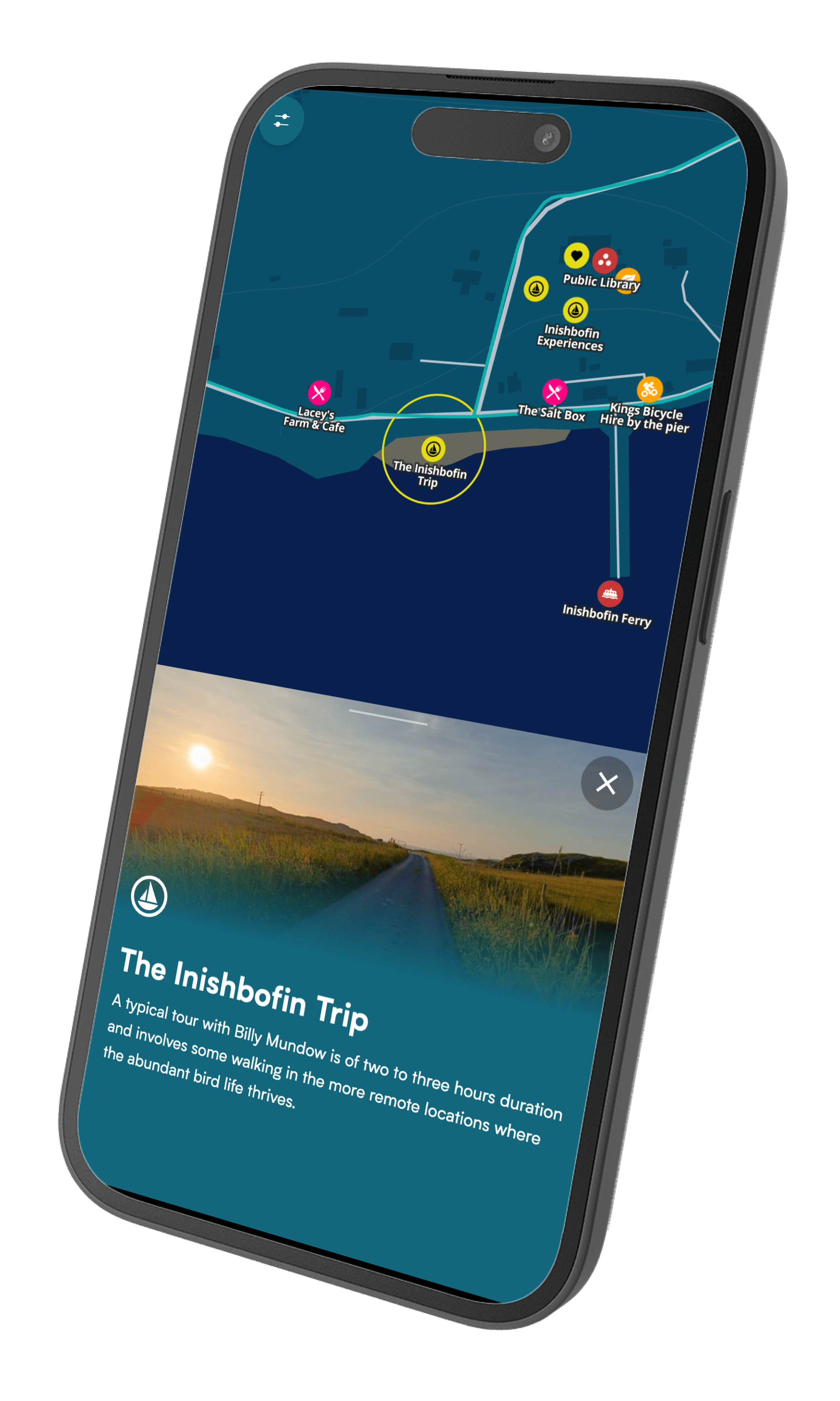 Zoneatlas Inishbofin Ireland mobile tour guide showing island attractions, ferry information and guided experiences on interactive map