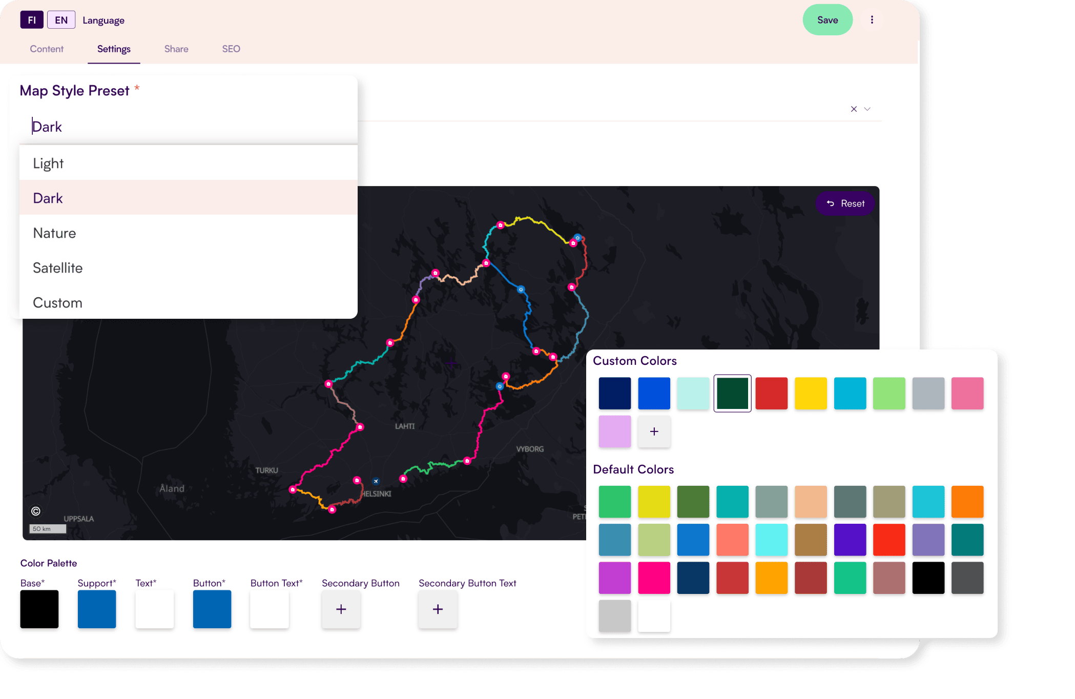 customize-final-compressed 7 Zoneatlas map customization panel showing dark mode style preset with Finland map routes and color palette editor for custom styling