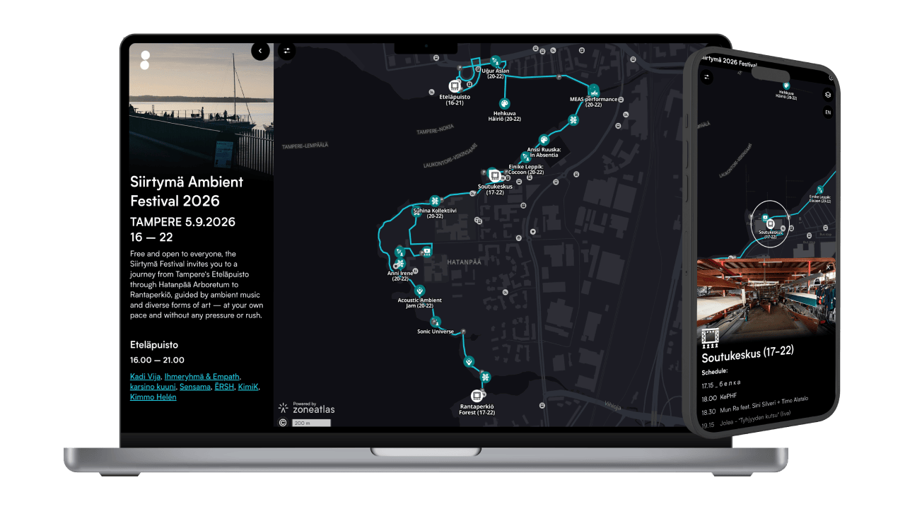 event-mockup 1 Siirtymä Ambient Festival 2026 Tampere interactive event map using Zoneatlas displayed on laptop and mobile devices showing venue locations and performance schedule
