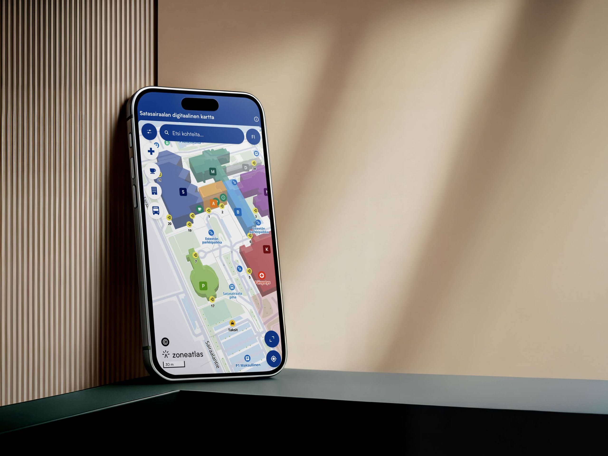 Satasairaala hospital digital map app on smartphone displaying interactive building navigation and wayfinding using Zoneatlas platform