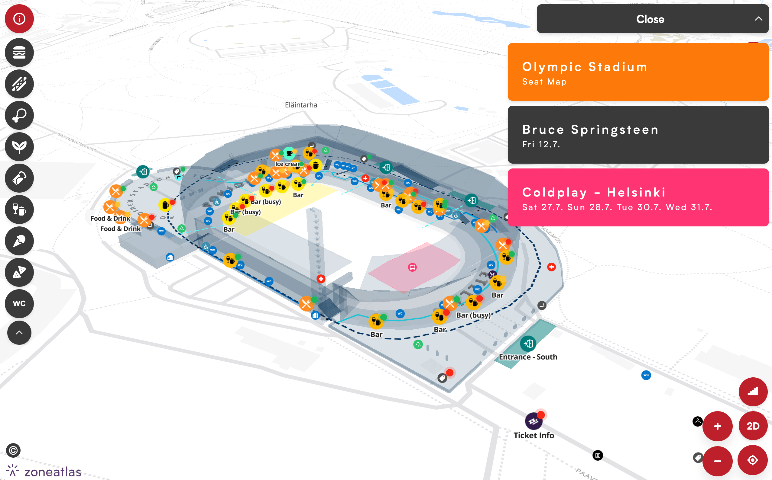 Olympic Stadium Helsinki interactive 3D seat map with concert events, bars, food and drink venues marked using Zoneatlas platform