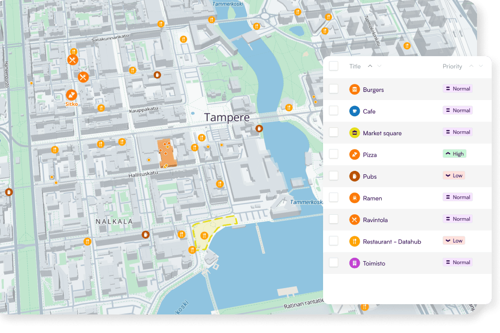 prioritize-final-compressed 8 Tampere restaurant and cafe service directory with filterable map showing dining venues including burgers, pizza, pubs, ramen and cafes across the city