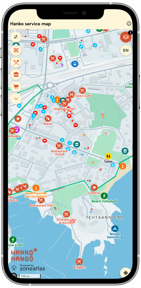 visit-hanko-reference 6 Hanko mobile map app displayed on smartphone showing restaurants, cafes, attractions and services with cycling route marked in green